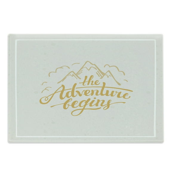 Adventure Cutting Board, Vibrant Mountain View and the Adventure Begins Words Travel Hand Drawn, Decorative Tempered Glass Cutting and Serving Board, Large Size, Earth Yellow Apricot, by Ambesonne
