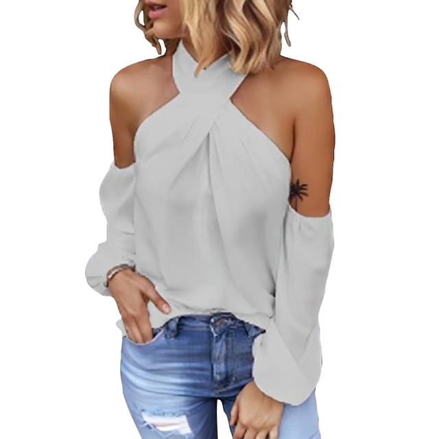 Womens Halter Neck Cold Shoulder Tops Casual T-shirt