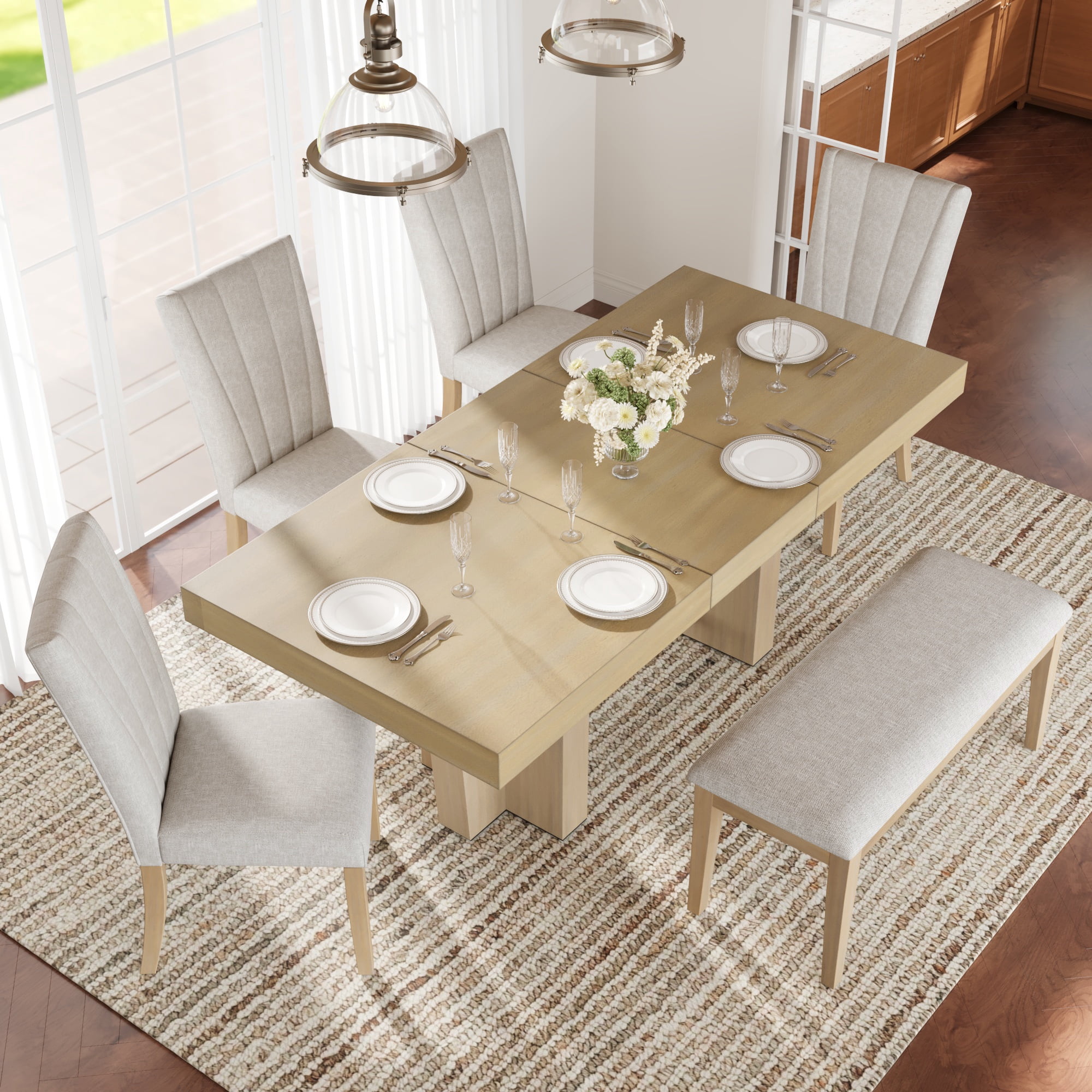 6 Piece Dining Table Set for 6, 58"-76" Extendable Dining Table with Bench and 4 Upholstered Chairs
