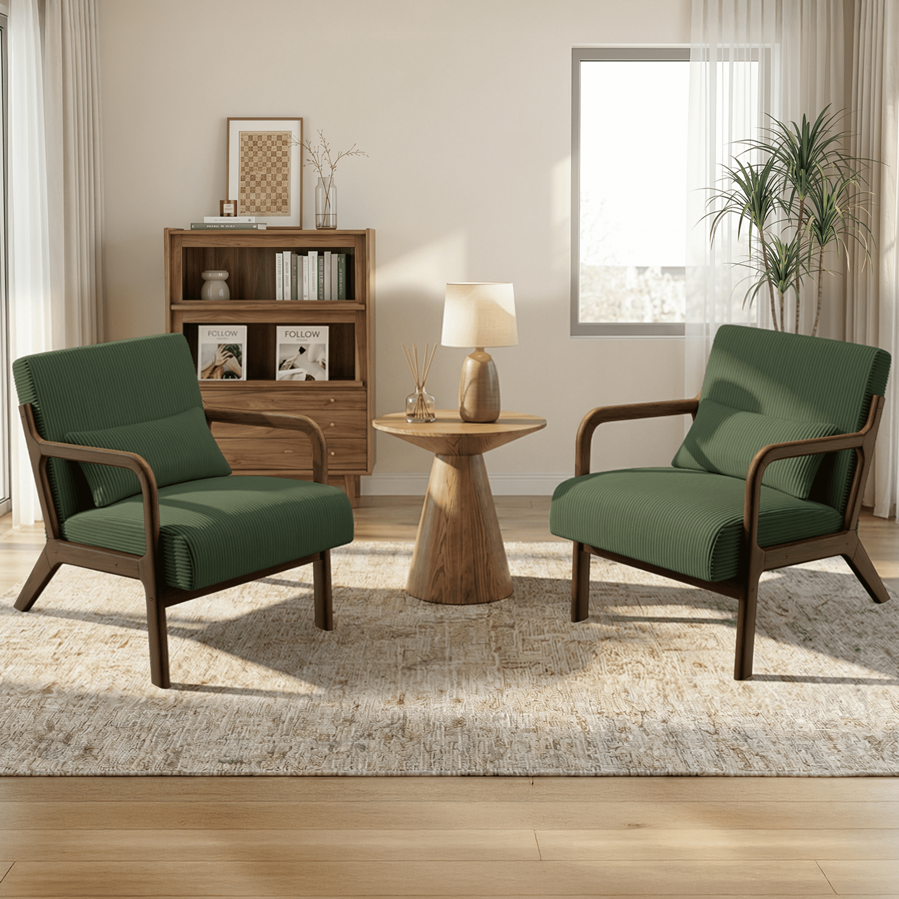 Renwick Mid-Century Corduroy Accent Chair, Modern Armchair with Wood Frame and Pillow for Living Room Bedroom Furniture, Set of 2, Dark Green