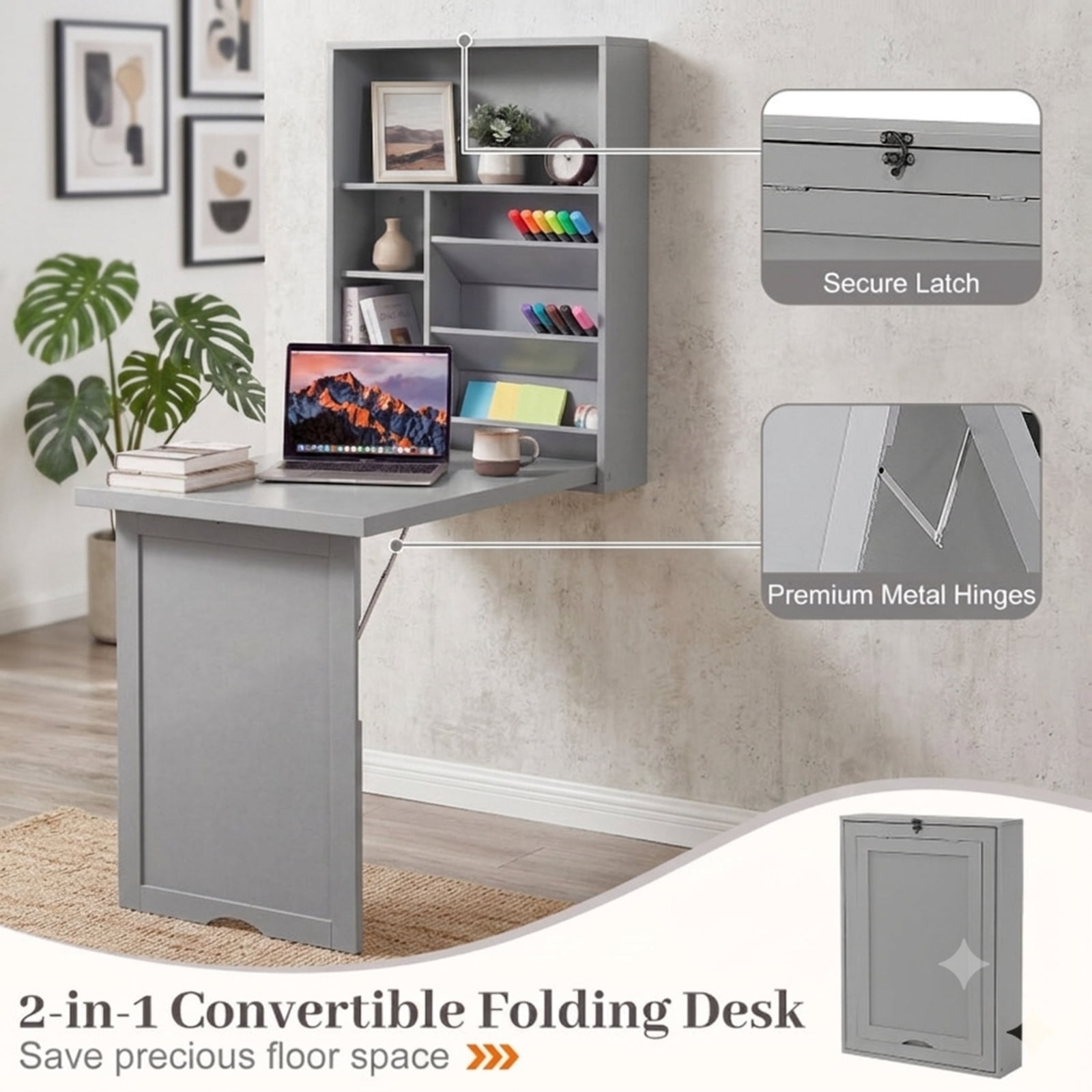 Furnibear Wall Mounted Fold Out Convertible Floating Desk Space Saver with Shelves for Small Spaces Home Office Study, Gray