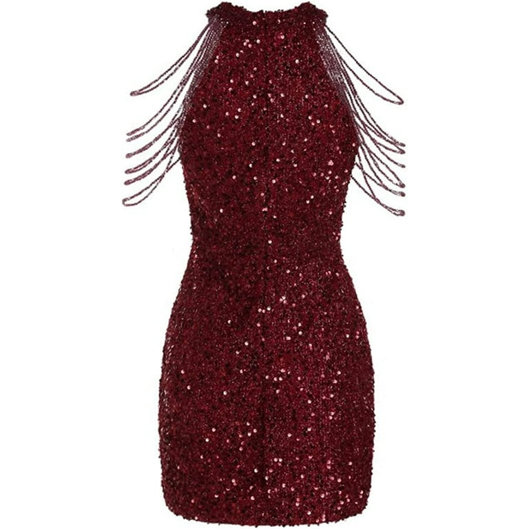 DanceeMangoo Sequin Dress Women Sparkly Glitter Cold Shoulder Sleeveless Bodycon Dress Cocktail Party Dresses