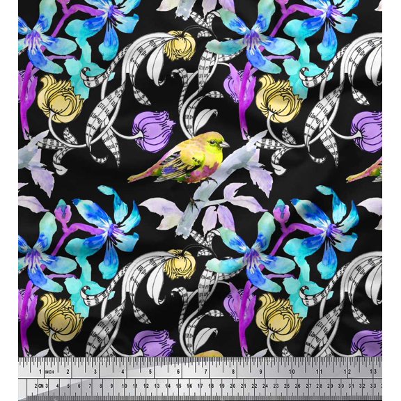 Soimoi Yellow Moss Georgette Fabric Leaves,Floral & American Robin Bird Print Sewing Fabric BTY 42 Inch Wide