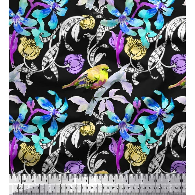 Soimoi Yellow Polyester Crepe Fabric Leaves,Floral & American Robin Bird Printed Fabric 1 Yard 42 Inch Wide