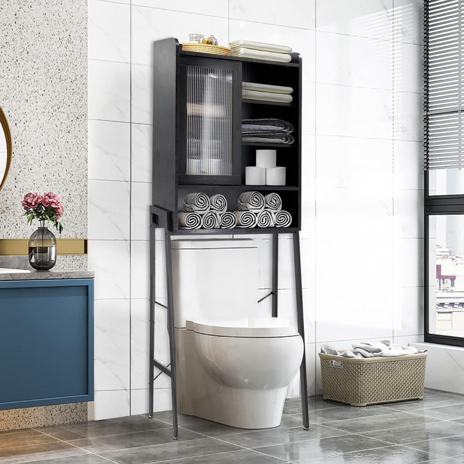Reliancer Over The Toilet Storage Cabinet with Adjustable Shelves, Bathroom Space Saver Organizer Shelves, Freestanding Space Saver with Acrylic Sliding Door, Metal Frame, Black