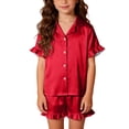 thumbnail image 6 of Purcolt Girls 3 Piece Pajamas Sets Comfortable Satin Short Sleeve Button Up Shirts and Shorts Pants Pjs Sleepwear Summer Ruffle Nightwear, 6 of 9