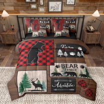 Homewish Wildlife Bear Family Bedding Comforter Set 7pcs, Vintage Rustic Plaid Queen Bedding Sets, Countryside Reversible Queen Sheet Sets,Luxury Bedroom Decor