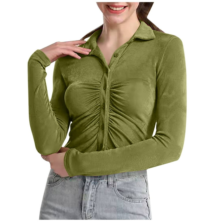 Up to 30% off Clearance! Zanvin Fall Clothes for Women 2022 Savings! Women  Casual Lapel Long Sleeve Single-breasted Solid Color Tight Sexy T-Shirt Top  Green XL 