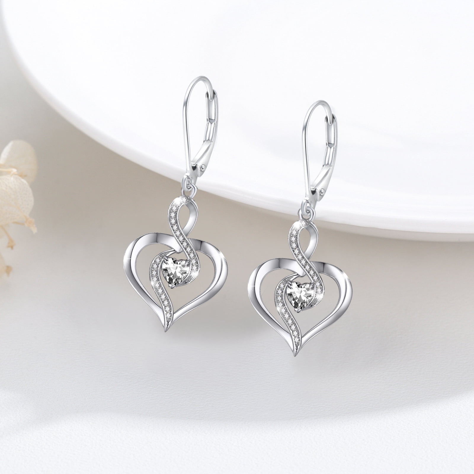 Coachuhhar Heart Leverback Earrings 925 Sterling Silver Infinity Birthstone Dangle Drop Earrings Love Heart Jewelry Birthday Gift for Women