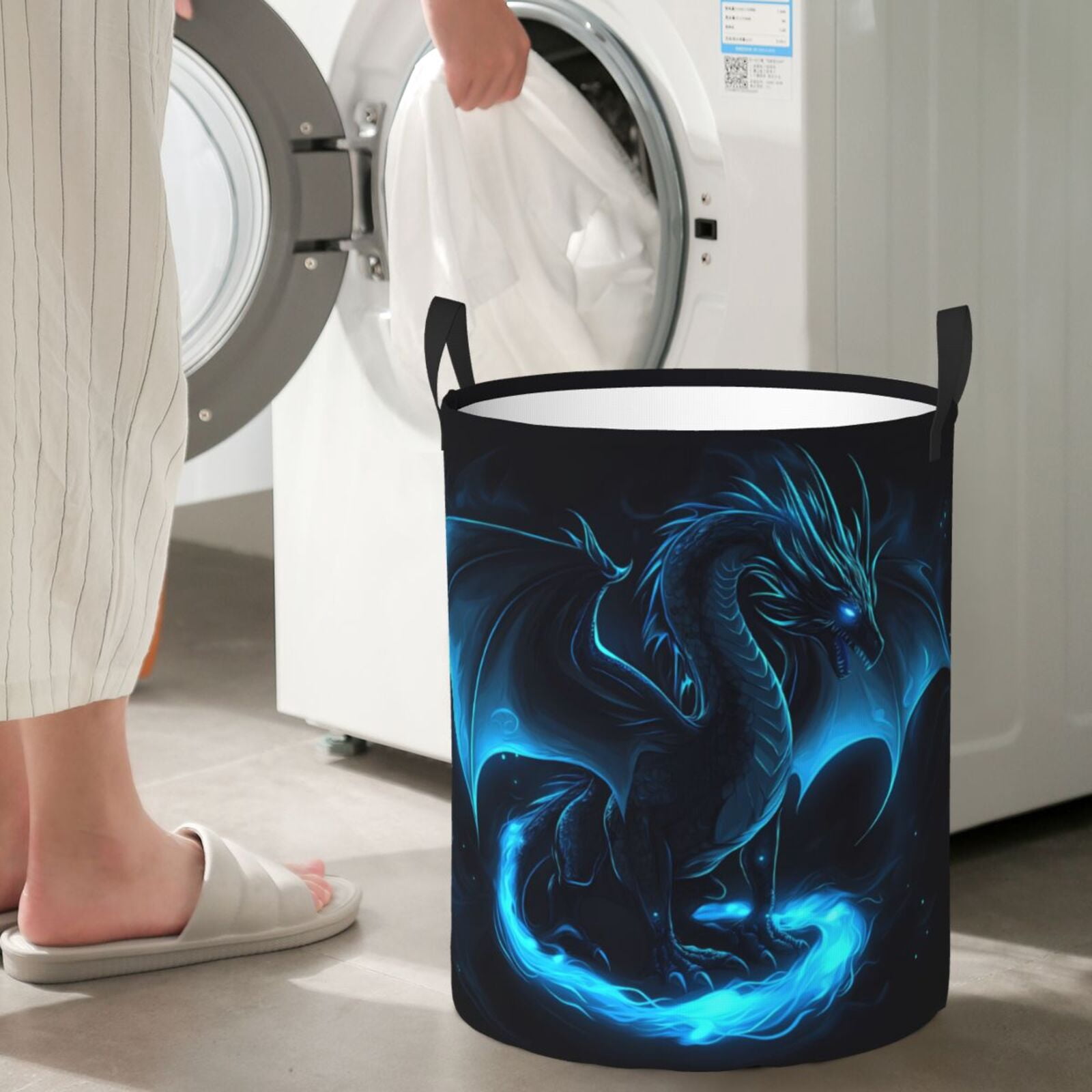 Large Laundry Basket with Handles - Ethereal Blue Fire Dragon Kids Baby Dirty Clothes Laundry Hamper for Bedroom Aesthetic