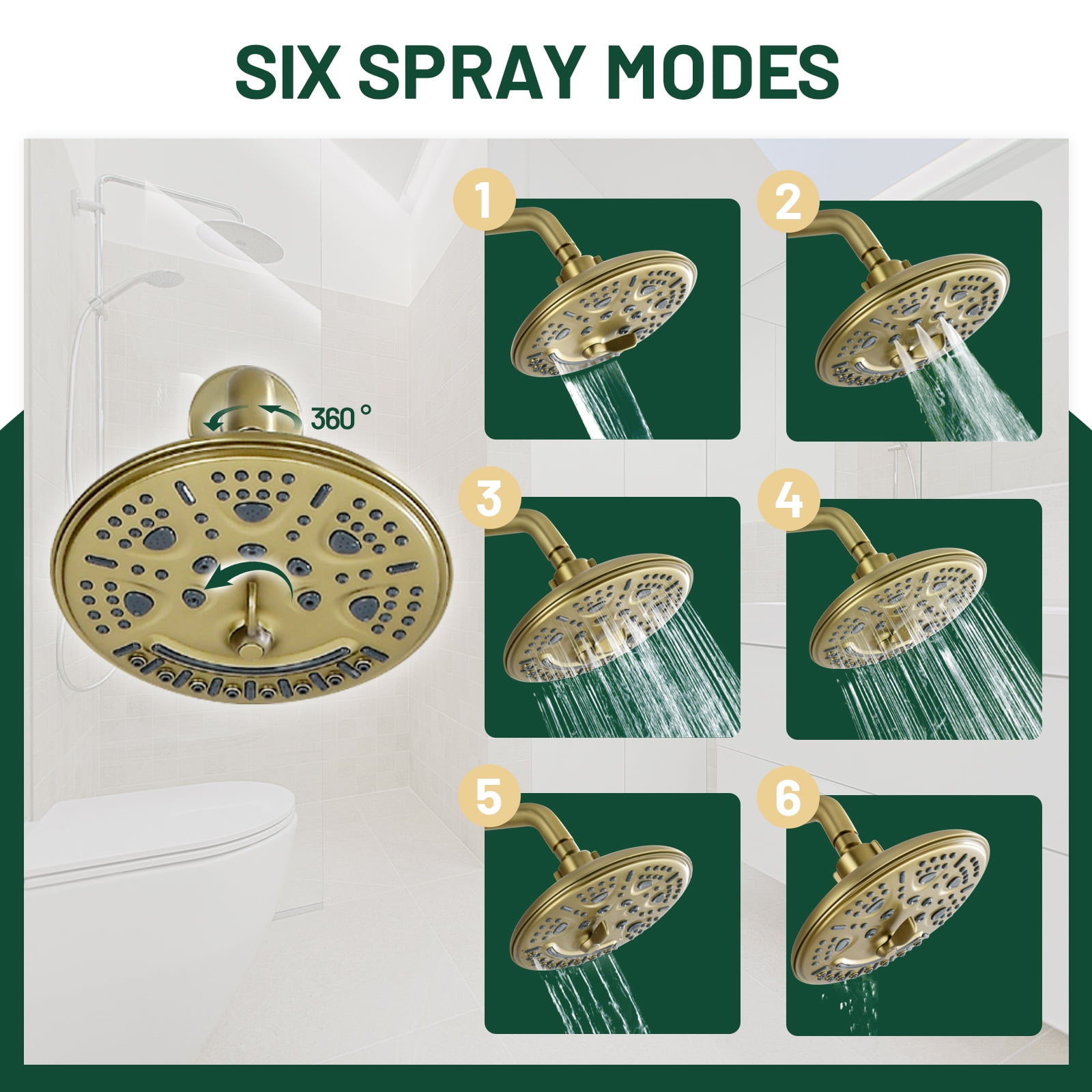 Cobbe 8-Inch Single Handle Bathroom Rain Shower Head Set with 6-Spray Patterns ABS Rainshower Showerhead Brushed Gold
