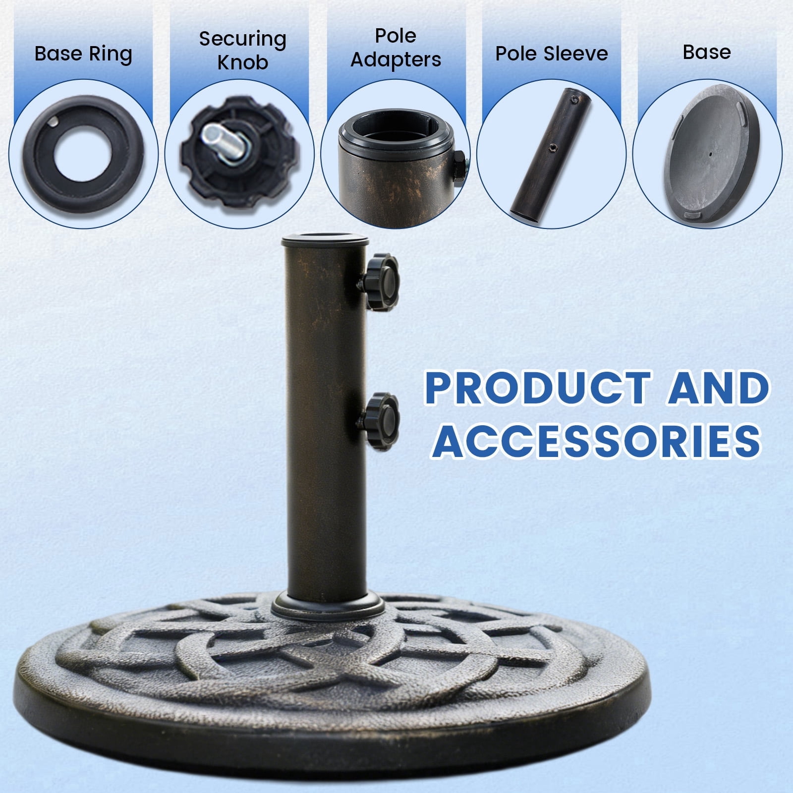Heavy Duty Patio Umbrella Base Stand, Outdoor Market Umbrella Holder with 2 Removable Adapters, Fits Poles Up to 1.9 Inches for Yard, Deck & Garden