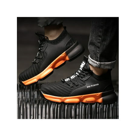 

Tenmix Women Men Work Shoes Lace Up Sneakers Steel Toe Safety Shoe Slip Resistant Unisex Comfort Durable Black Orange 12.5 Man