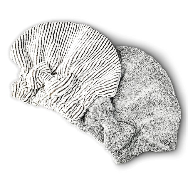 SportMore Gorro de toalla de microfibra para el cabello, suave, absorbente, de secado rápido, para cabello rizado y grueso, para mujeres y niñas, juego de 2 piezas (rayas y grises)