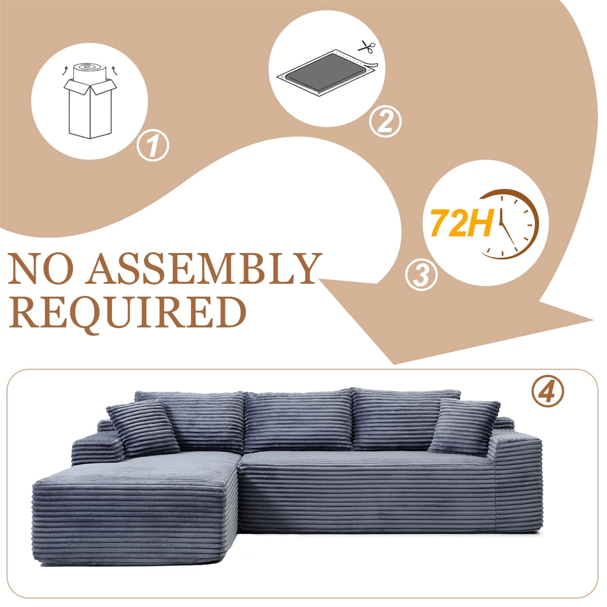 Aukfa 105" Cloud Sectional Sofa Boneless Couch Modular Sofa Bed for Living Room, 2Pillows, Left Chiase, Corduroy, Gray