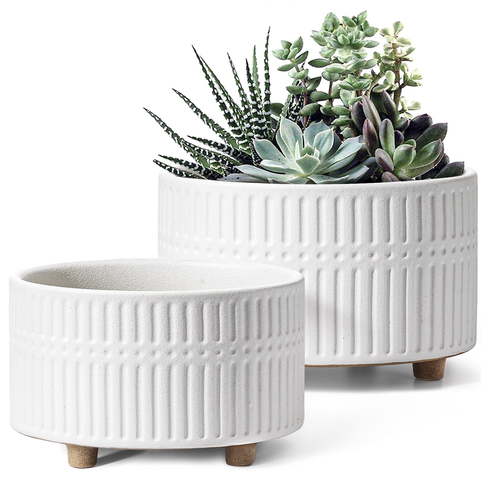 BEMAY 2-Pack 8+6.5 inch White Ceramic Succulent Pots with Drainage Holes for Indoor, Patio, and Garden Decor Plant Pots