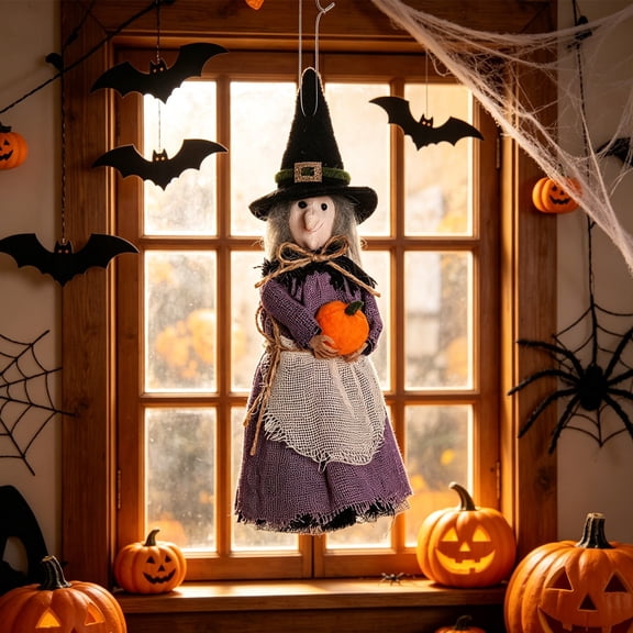Halloween Witch Doll Decor with Broomstick for Indoor Outdoor Party Decoration, 22cm Hanging Witch Figurine with Accents Pumpkin