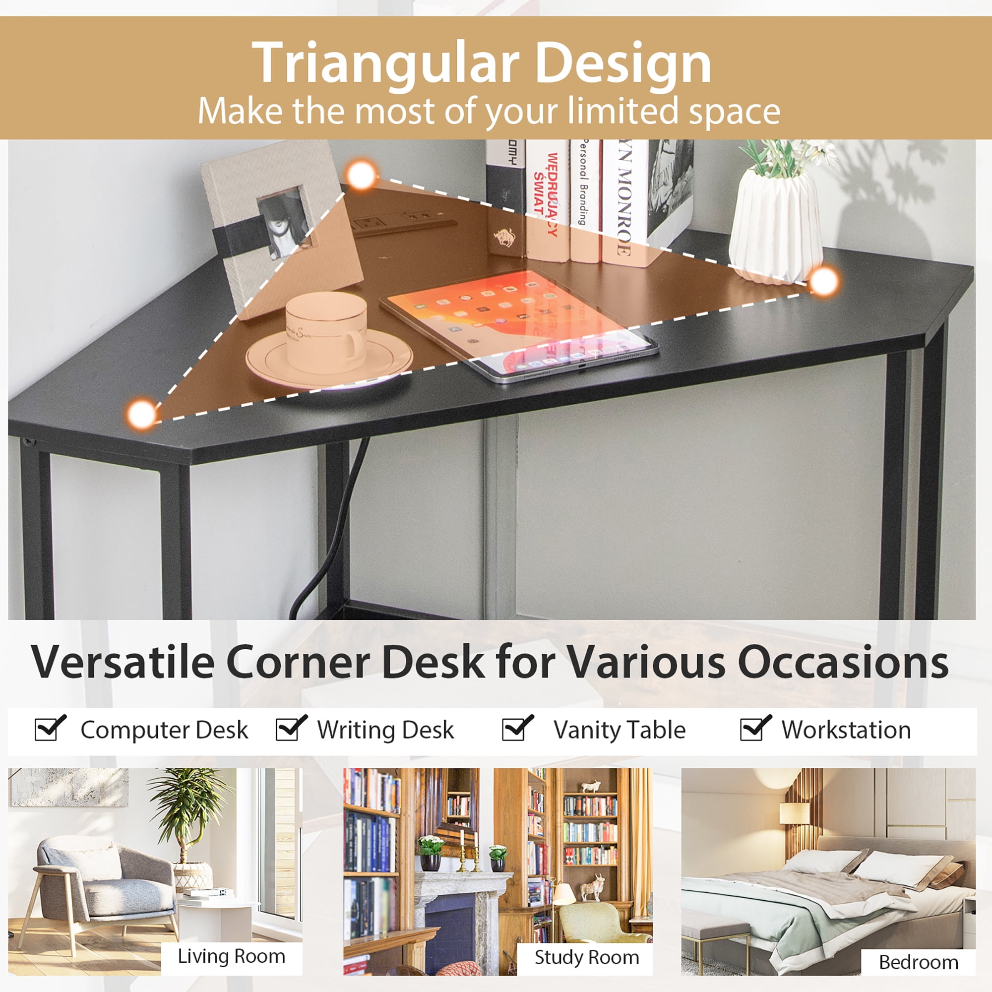 Costway Triangle Computer Desk Corner Desk Home Office w/Power Outlets USB Ports Black