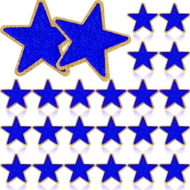 Jexine 32 Parches Estrella de Chenilla Autoadhesivos, Pegatinas de Tela Pequeñas para DIY, Aplicaciones Bordadas para Ropa Navideña, 6 cm (Azul)