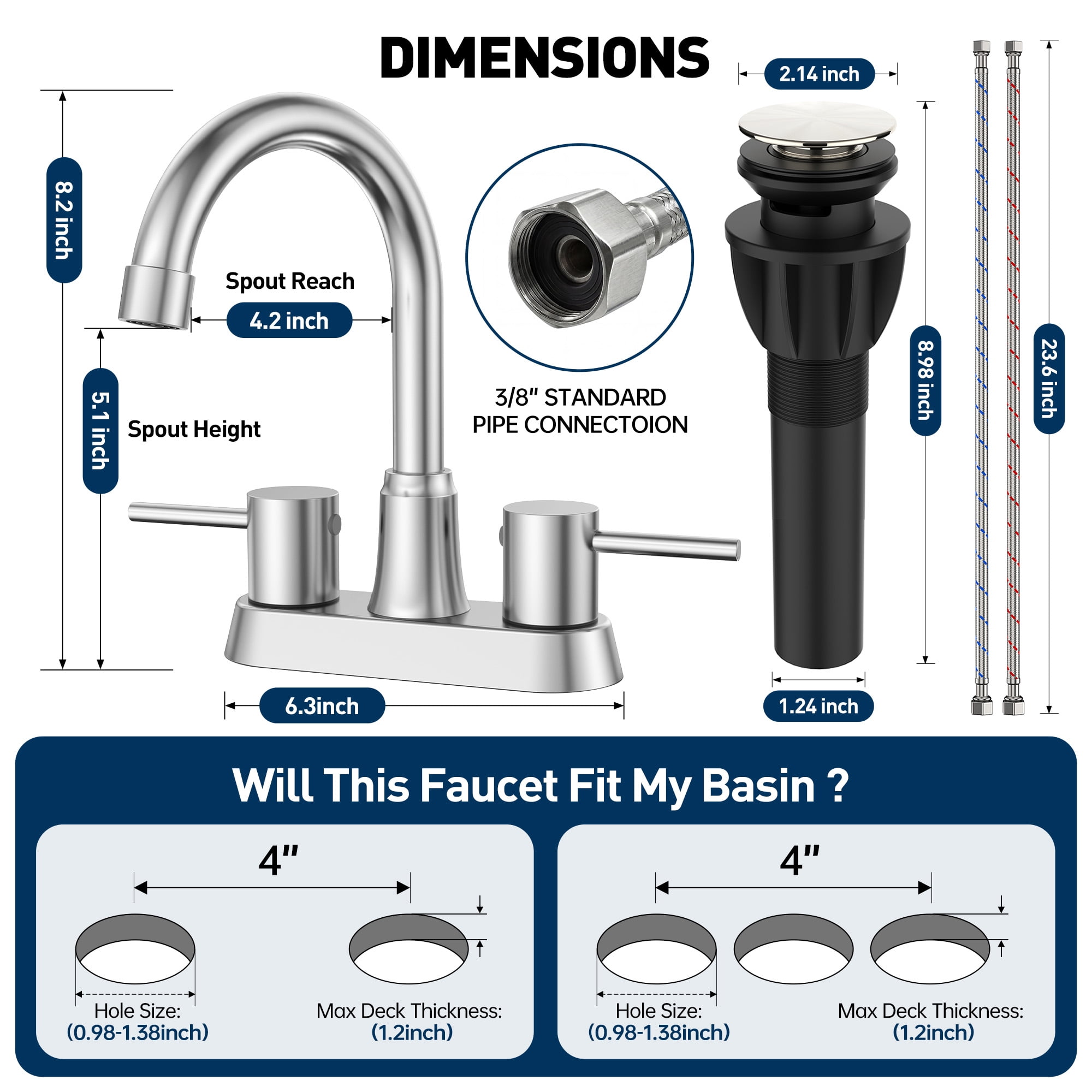 GPED Bathroom Faucets for Sink 3 Hole, 4 Inch Sink Faucet W/ Pop Up Drain and 2 Supply Hoses, Stainless Steel&Lead-Free, 2-Handle Centerset Faucet for Sink Vanity, No-Splashing Design,Brushed Nickel