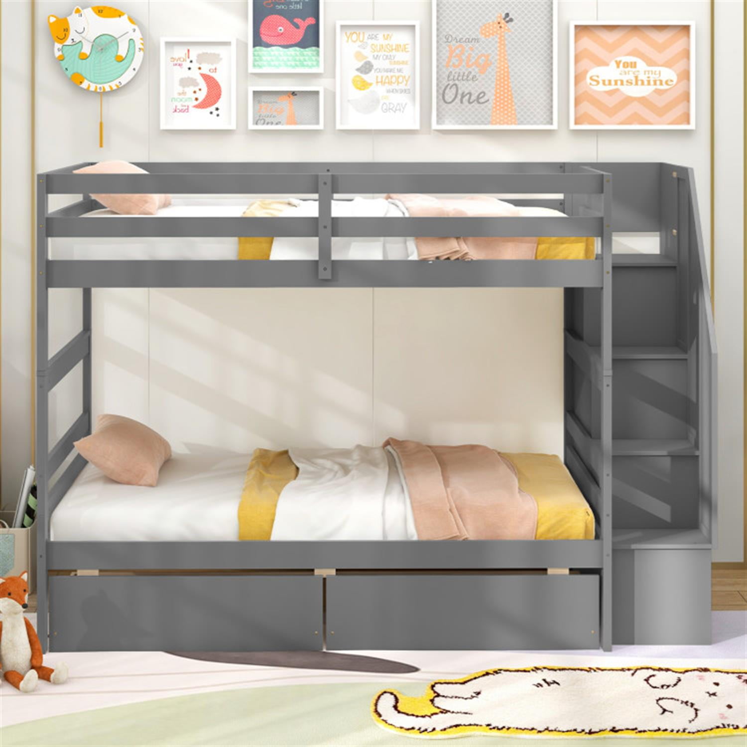 Demi Bonn Twin Over Twin Bunk Bed with Storage Stairs and Drawers, Solid Wood Bunkbeds Frame for Bedroom, No Box Spring Needed, Gray