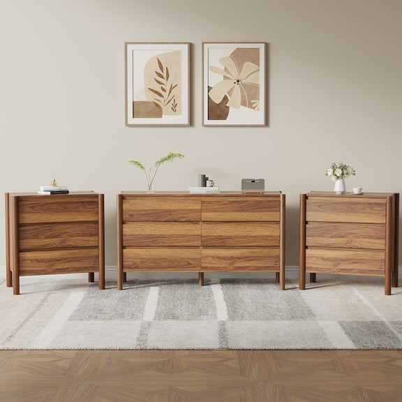 3 Piece Bedroom Set,30.7 ''H 6-Drawer Dresser And 2 Nightstands, Walnut