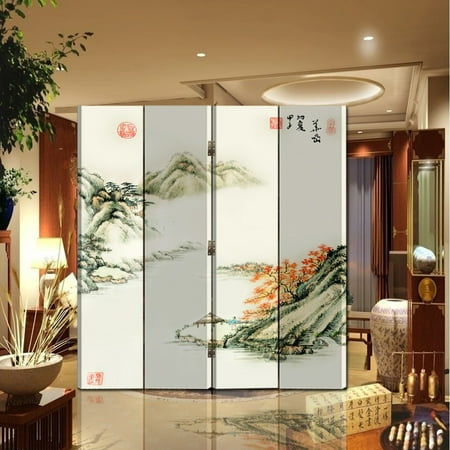 4 Panel Screen China - Oriental Style 4-panel Foldable Shoji Screen Room Divider, Chinese Painting Mountain and River