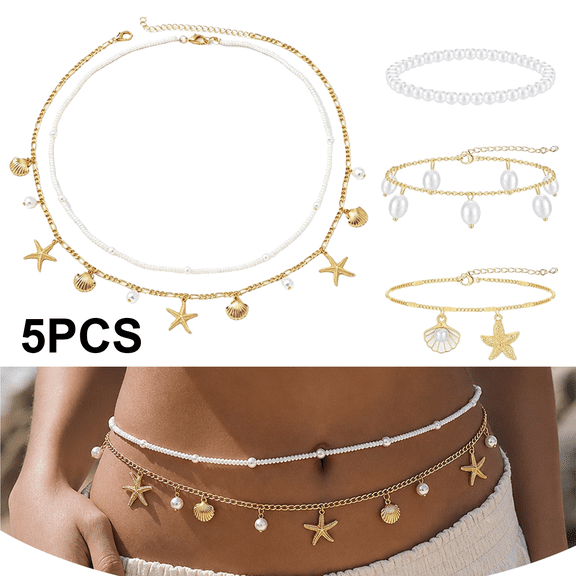 Starfish Shell Belly Waist Chain Set for Women, 2 Belly Chains 3 Anklets Adjustable Body Jewelry for Beach Summer Festival