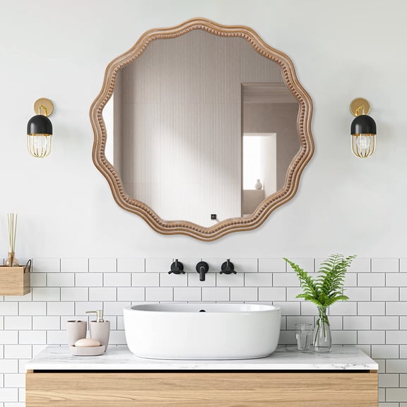 GDF Studio 23.62" Decorative Round Wavy Wall Mirror, Wood Scalloped Circle Mirror for Bathroom and Nursery, Natural