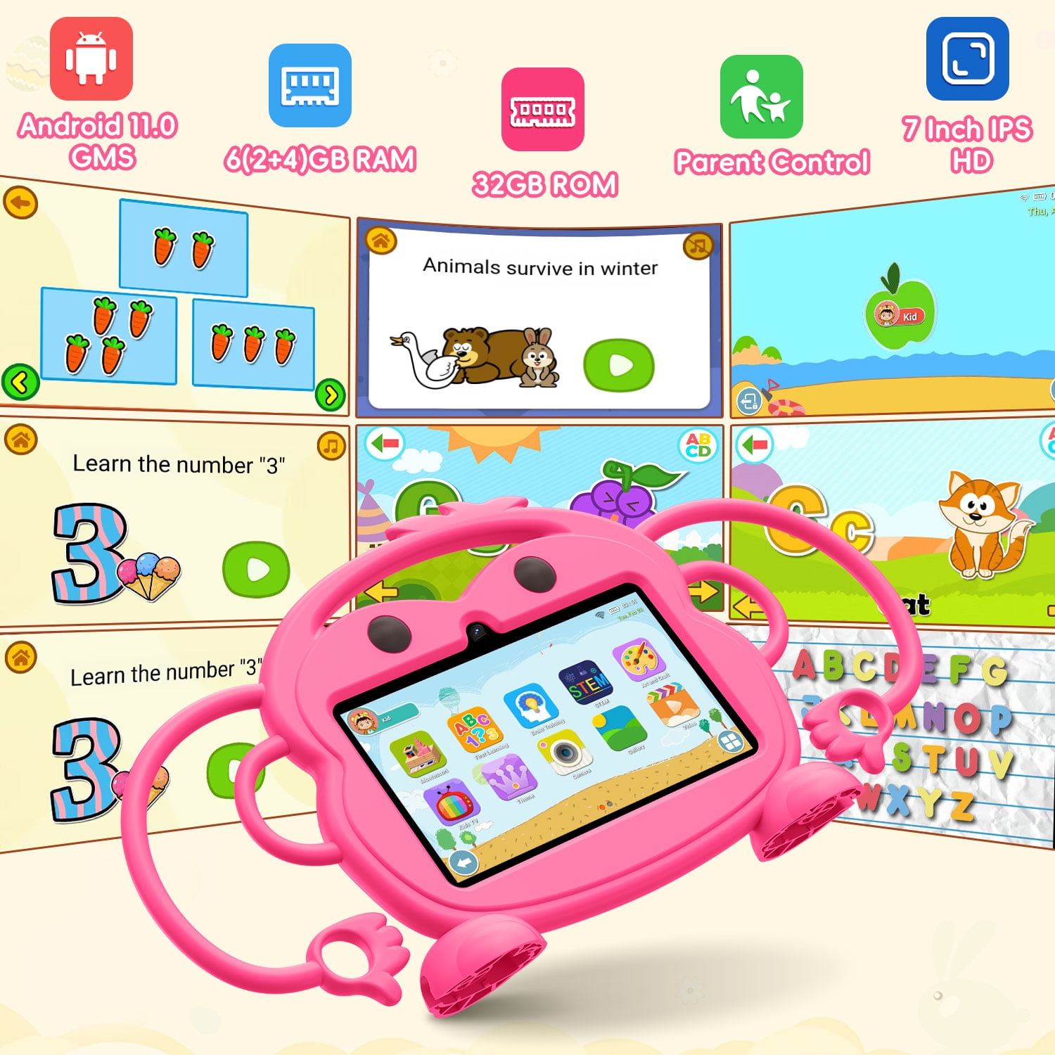 Kids Tablet, 7 inch Android Tablet for Kids, 6GB RAM 32GB ROM Quad-Core Toddler Tablet with Shockproof Case, Bluetooth, WiFi, Parental Control, 2MP+2MP Dual Camera, GPS, Games
