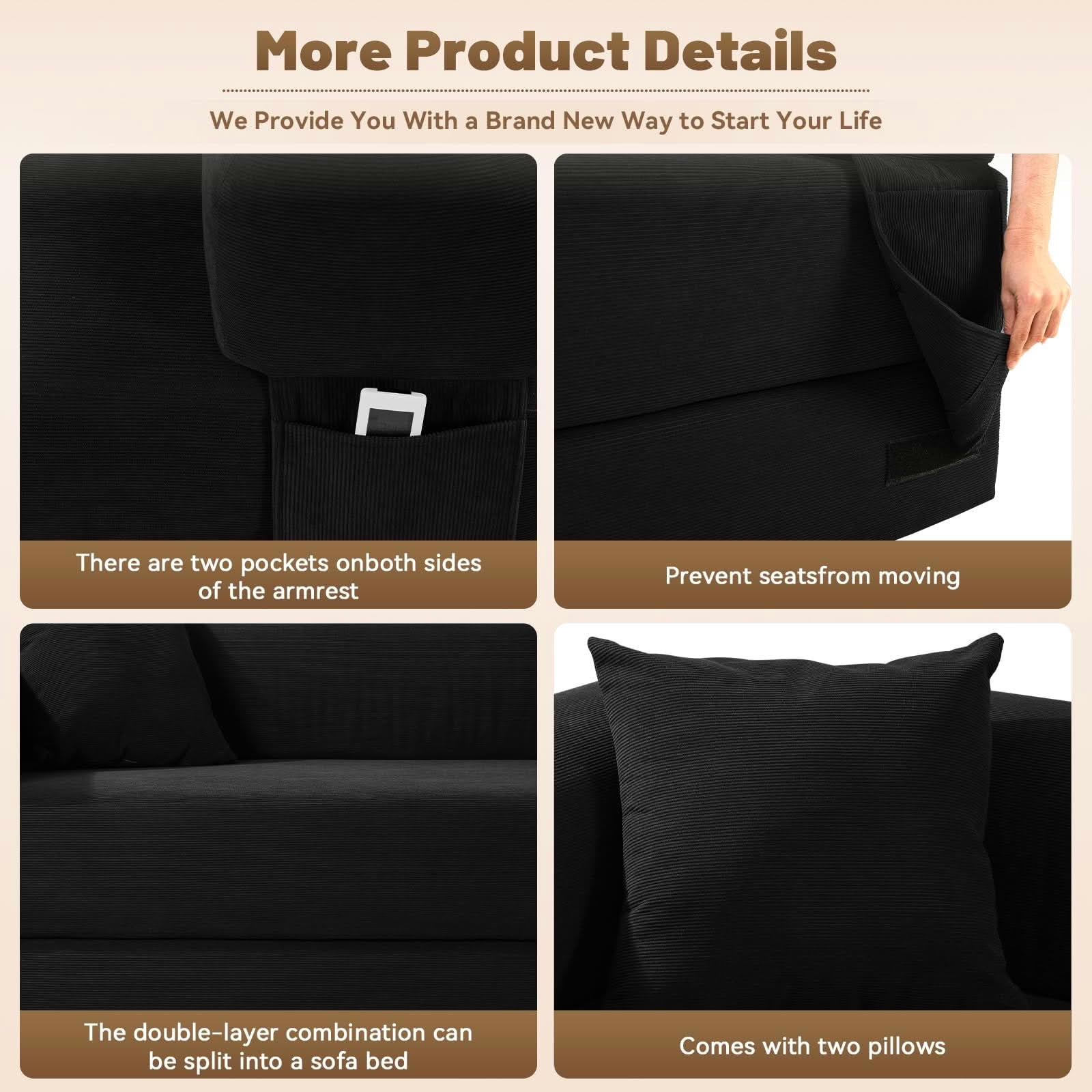 MAYEERTY 80" Dark Gray Corduroy Convertible Sofa Bed, 600lbs Queen Size Fold Out Sleeper Couch with Storage & No Assembly for Living Room