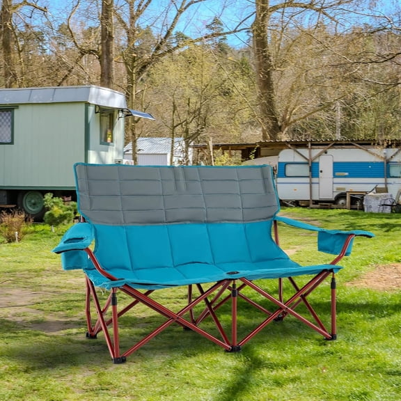 2 Person Oversized Camping Chair, Fully Padded Folding Loveseat Camp Chair with Adjustable Armrests, Cup Holders, Carrying Bag, Portable Double Outdoor Lawn Chair for Camping
