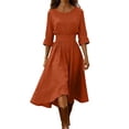 thumbnail image 3 of Summer Dresses for Women 2026 Round Neck 3/4 Rolled Cuff Elastic Waist Pleated Back Zipper Flowy A Line Casual Midi Dress for Daily Beach, 3 of 6