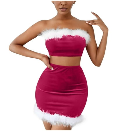

DORKASM 2PCS Womens Skirt Teddy Bra and Panty Sets Feather Christmas Red Lingerie Set Sexy Babydoll Lingerie Hot Pink S