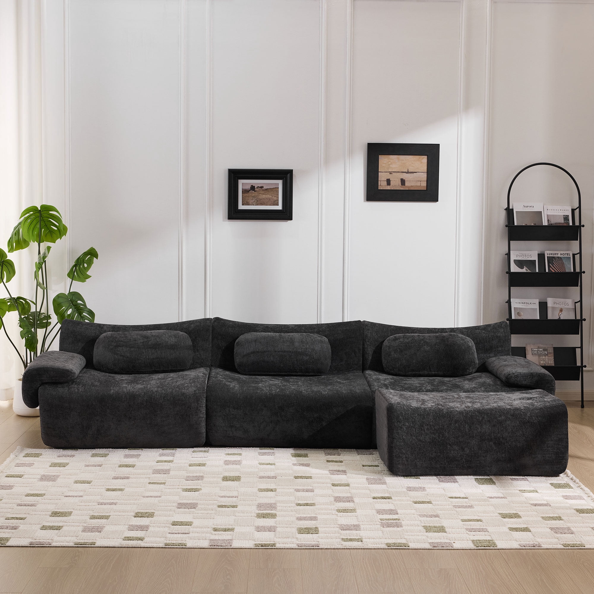 Gewnee 107.9"Modular Sectional Sofa,Upholstered Cloud Couch with Deep Seat & Ottoman,L-Shaped Chenille Sofa for Living Room.Black