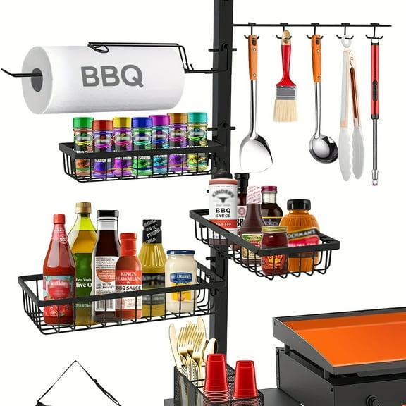 Griddle Caddy For Blackstone Griddle Accessories, BBQ Grill Caddy With Paper Towel Holder, Outdoor Kitchen Accessories For Camper, Grill Accessories Organizer, Picnic Utensil Condiment Caddy