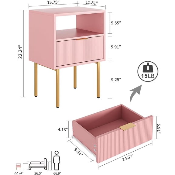 Night Stand,Mid- Modern Bedside Table with Storage Drawer and Open Wood Shelf,Small Gold Frame Side Table for Bedroom,Living Room, Pink