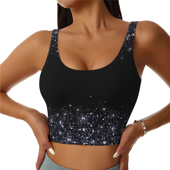 Sports Bras for Women High Support -Black Silver Glitter Border Soft Athletic Crop Workout Tank Top for Women