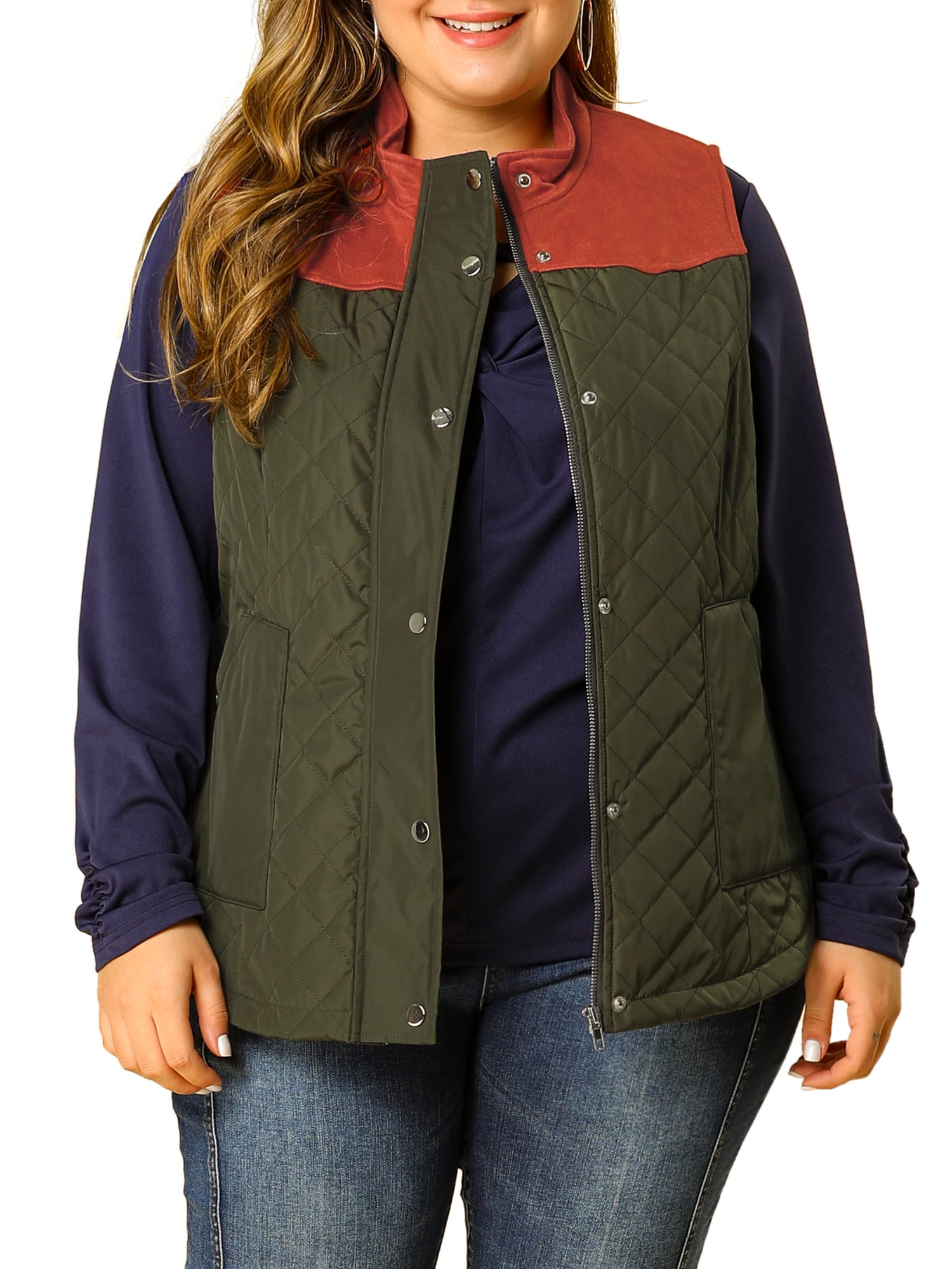 Womens Plus Size Gilets Color Block Stand Collar Lightweight Quilted