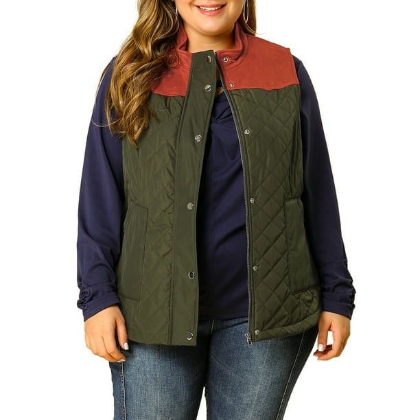 Womens Plus Size Gilets Color Block Stand Collar Lightweight Quilted Vest