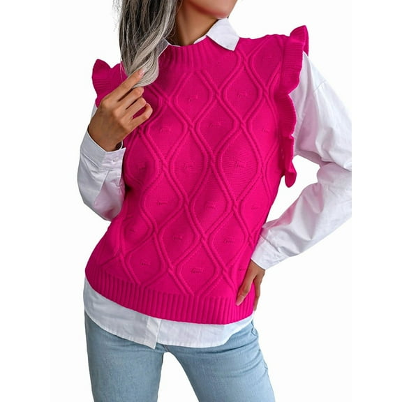 Women'S Ruffle Cute Sweater Vest Sleeveless Round Neck Summer Knit Pullover Tank Tops Rose Red M