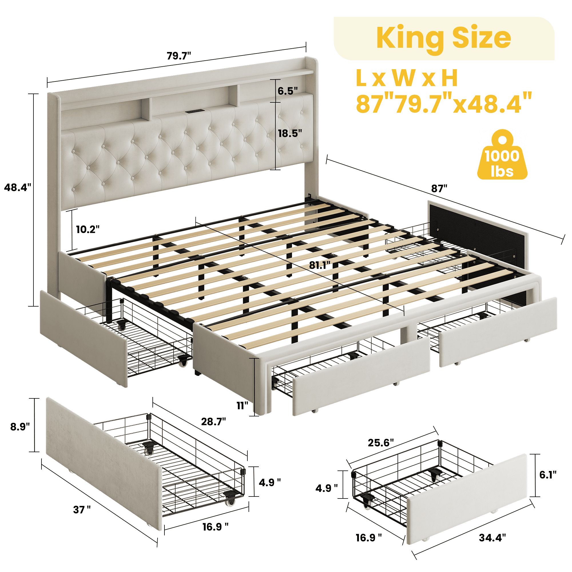 BSHTI KING Size Beige Velvet Upholstered Platform Bed Frame with LED Storage Headboard, Charging Station, Underbed Drawers, Tufted Design, No Box Spring Needed, Modern Bedroom Furniture (Beige)