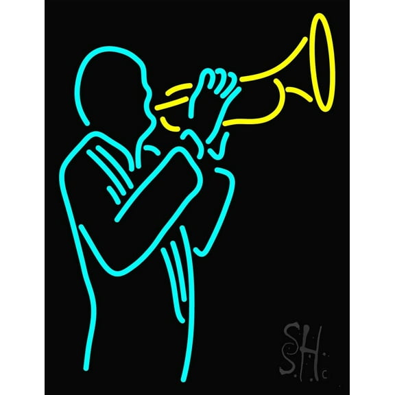 Man With Trumpet LED Neon Sign 31" Tall x 24" Wide - inches Black Square Cut Acrylic Backing, with Dimmer - Premium built indoor Sign for Studio, Club, Home décor, Event, Workshop, Storefront.