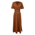 thumbnail image 4 of Vestido largo elegante de cuello en V y cintura alta para mujer: mangas plisadas, abertura lateral, fruncido, vestido de noche para bodas y fiestas., 4 of 5