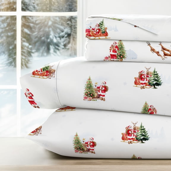 Noble Linens 4 Piece Holiday Microfiber Bed Sheet Set, Vintage Santa, Queen