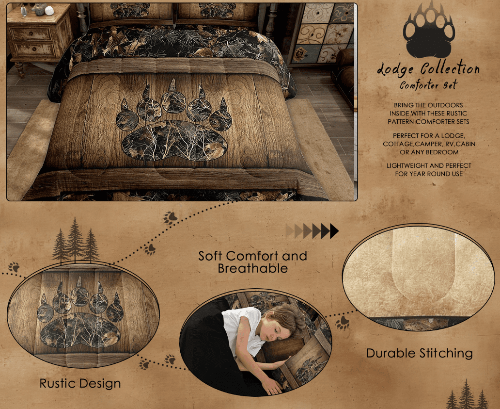 Camo Bear Paw Bedding Comforter Sets Hunting Woodland Wildlife Bedding Set Queen,Camouflage Rustic Cabin Comforter Set Farmhouse Woodland Board Animal Quilt Set Country Decor