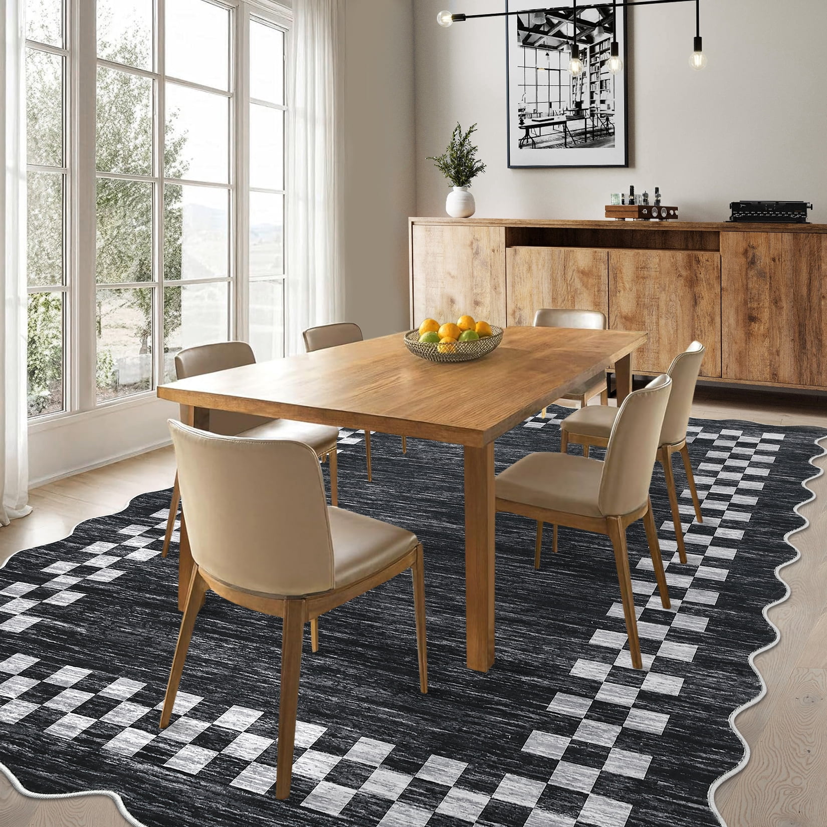 Garvee 9'x12' Scalloped Area Rug, Geometric Neutral Bordered Indoor Rugs Washable Rug Stain-Resistant Low Pile Carpet for Living Room Bedroom Home Decor, Dark Gray