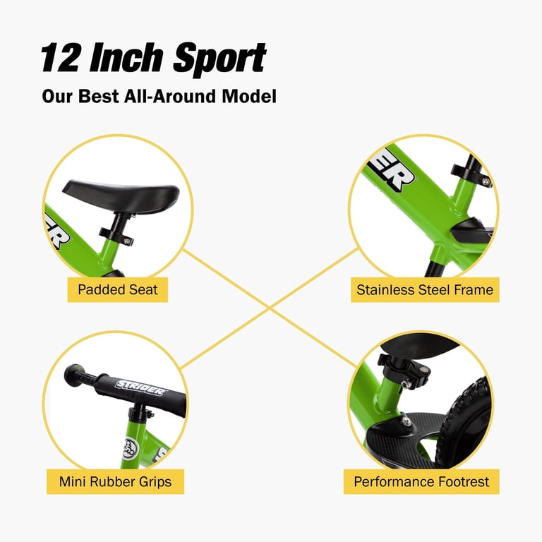 Strider 12” Sport Bike, Green - No Pedal Balance Bicycle for Kids