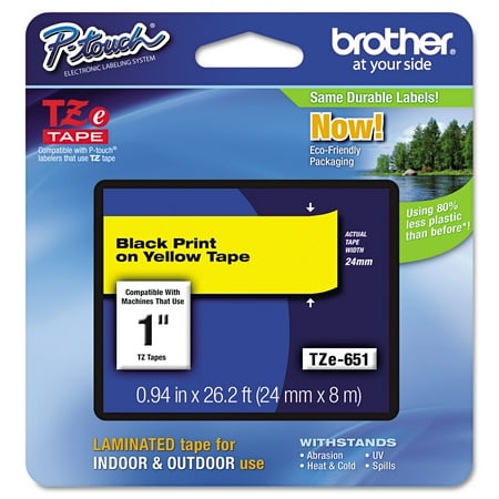 Brother P-Touch TZe Standard Adhesive Laminated Labeling Tape, 1"w, Black on Yellow