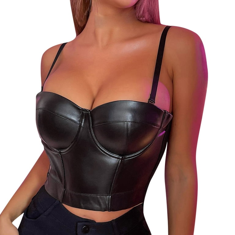 Sexy Women Leather Crop Top Spaghetti Straps Bustier PU Corsets Backless Bra  Lingerie Camisole Vintage Tank Top Streetwear Black : : Clothing,  Shoes & Accessories